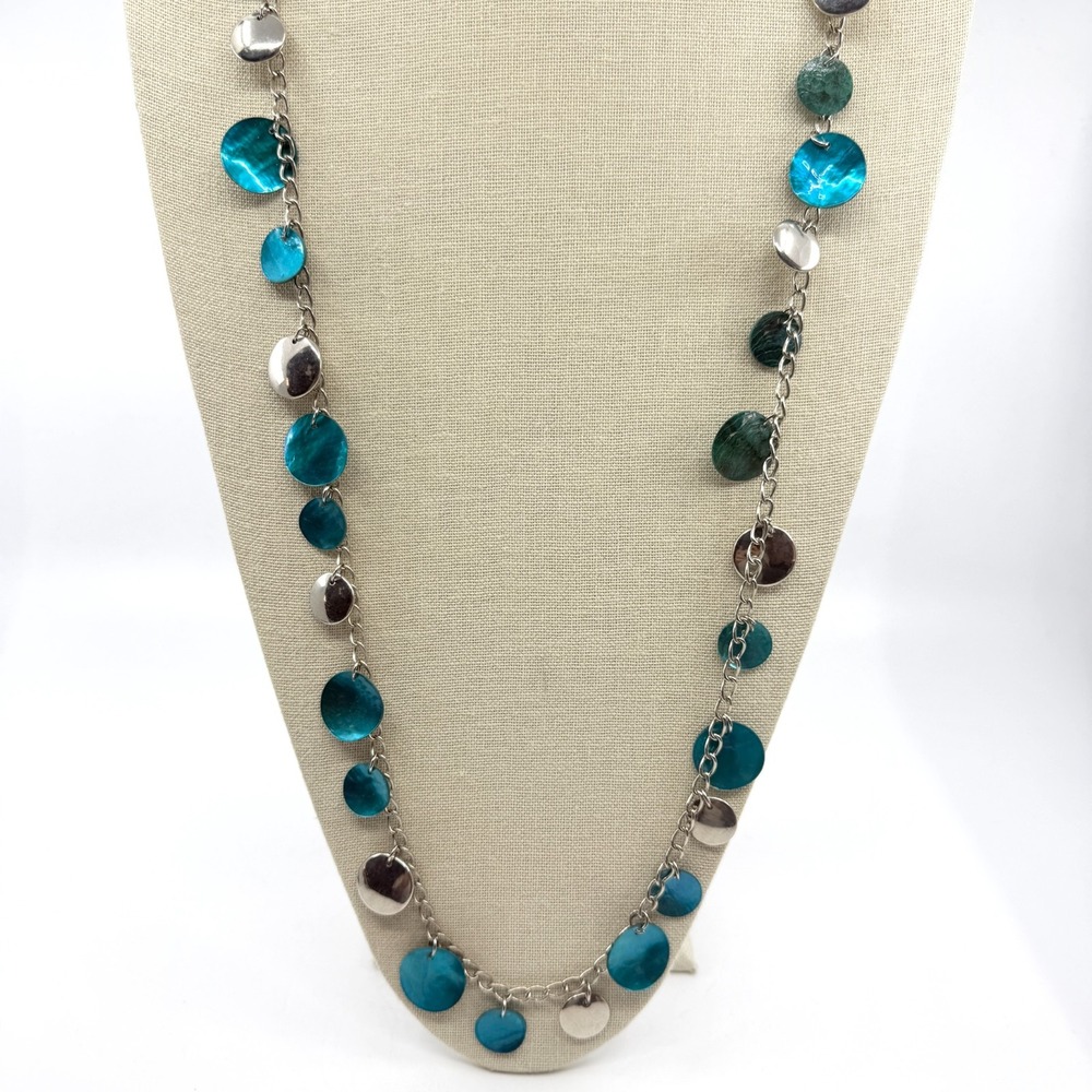 Teal Shell Disc Statement Necklace - Silver Tone Boho Layering Accessory